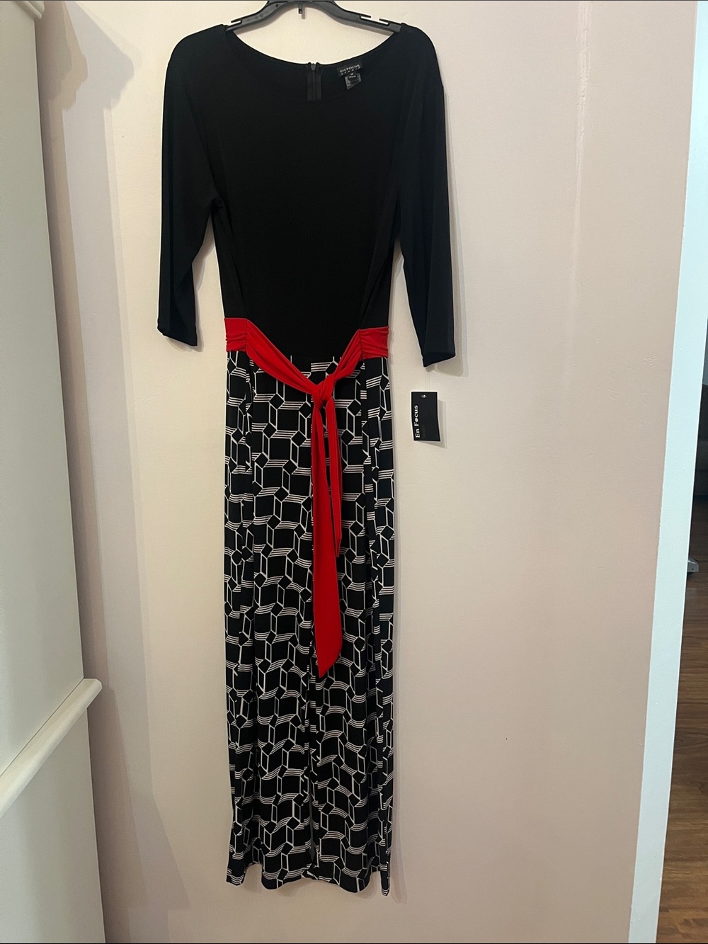 Enfocus Studio Black Maxi Jumpsuit with Red Waist Tie and Geometric Pant